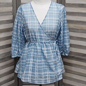 Blue Sheer Gingham Puff Sleeve Wrap Blouse | Future Collective | Large
